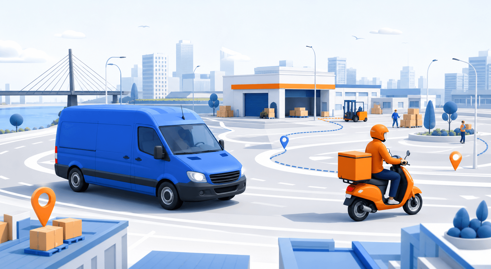 Illustration of delivery vehicles moving packages through Asaba